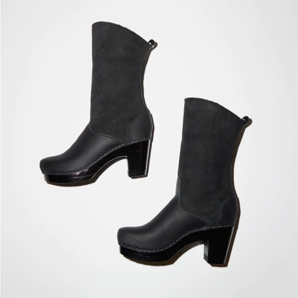 No.6 9" Pull On Shearling Clog Boot on High Heel in Black Suede on Black Base - Picture 2 of 9
